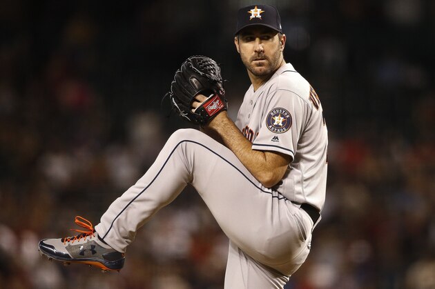 Houston Astros starting pitcher Justin Verlander throws a pitch during the first inning of a baseball game against the Arizona Diamondbacks Sunday, May 6, 2018, in Phoenix. The Diamondbacks defeated the Astros 3-1. (AP Photo/Ross D. Franklin)