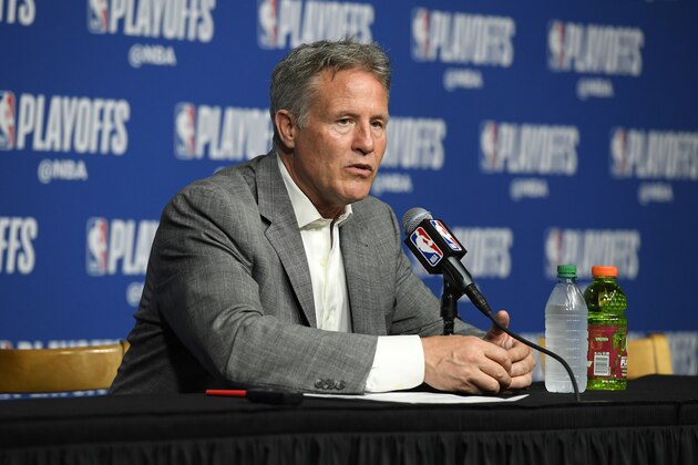 BOSTON, MA - MAY 9:  Brett Brown of the Philadelphia 76ers talks to the media after the game against the Boston Celtics in Game Five of the Eastern Conference Semifinals of the 2018 NBA Playoffs on May 9, 2018 at TD Garden in Boston, Massachusetts. NOTE TO USER: User expressly acknowledges and agrees that, by downloading and or using this Photograph, user is consenting to the terms and conditions of the Getty Images License Agreement. Mandatory Copyright Notice: Copyright 2018 NBAE (Photo by Brian Babineau/NBAE via Getty Images)