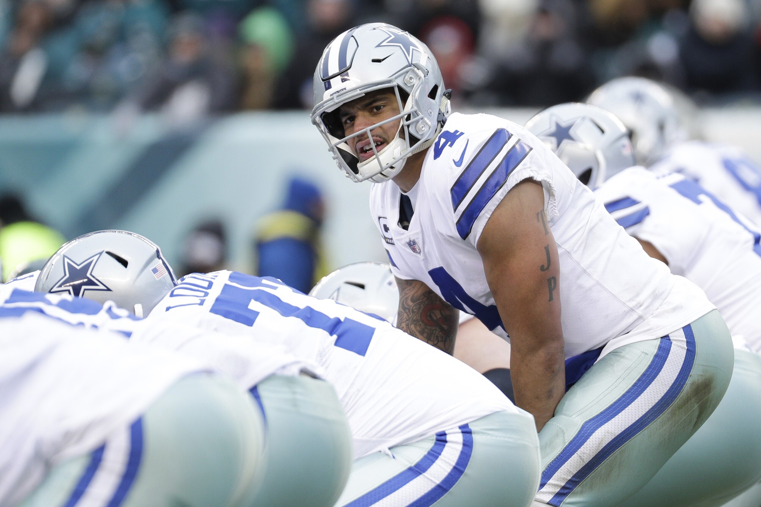 Dallas Cowboys' Dak Prescott in action during an NFL football game against the Philadelphia Eagles, Sunday, Dec. 31, 2017, in Philadelphia. Dallas won 6-0. (AP Photo/Chris Szagola)