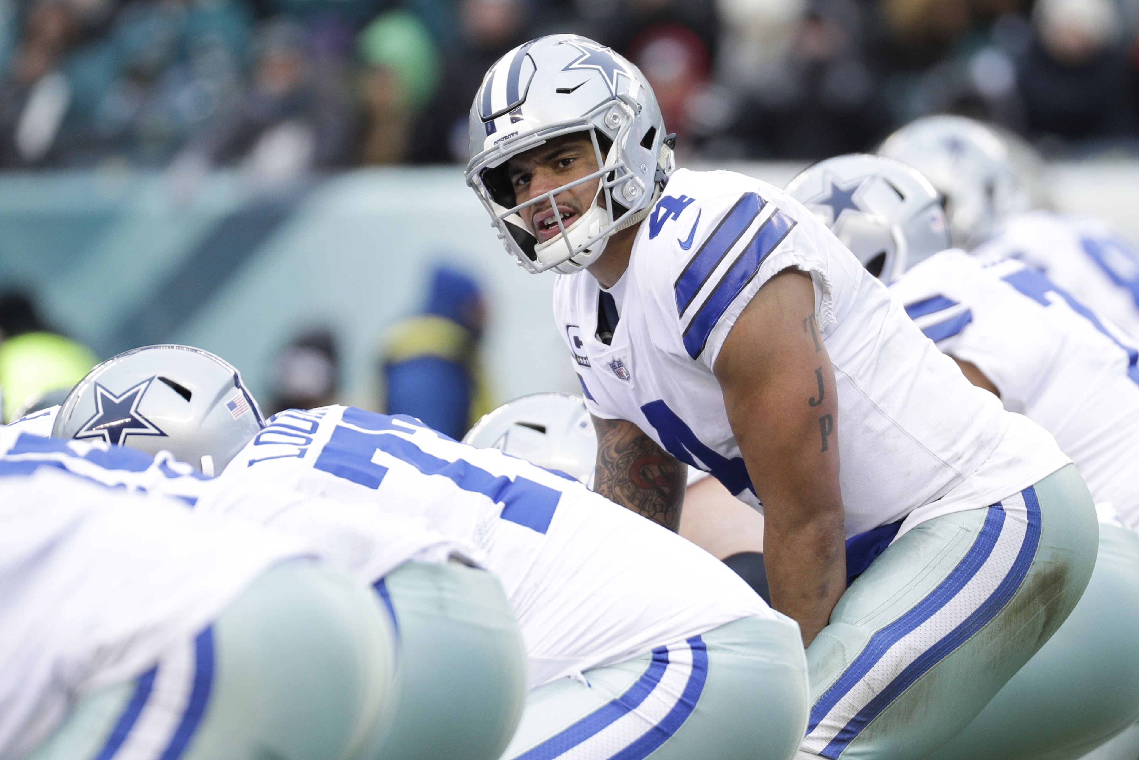 Dallas Cowboys' Dak Prescott in action during an NFL football game against the Philadelphia Eagles, Sunday, Dec. 31, 2017, in Philadelphia. Dallas won 6-0. (AP Photo/Chris Szagola)