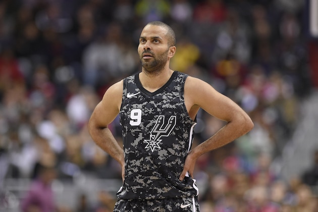 San Antonio Spurs guard Tony Parker (9) looks on during the second half of an NBA basketball game against the Washington Wizards, Tuesday, March 27, 2018, in Washington. The Wizards won 116-106. (AP Photo/Nick Wass)