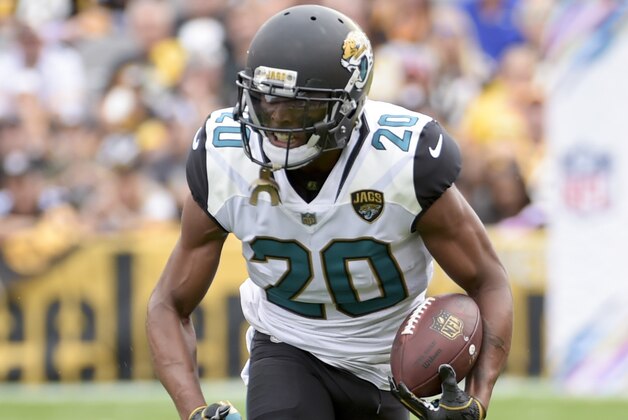 Jacksonville Jaguars cornerback Jalen Ramsey (20) runs after intercepting a pass from Pittsburgh Steelers quarterback Ben Roethlisberger (7) in the first quarter of an NFL football game, Sunday, Oct. 8, 2017, in Pittsburgh. (AP Photo/Fred Vuich)