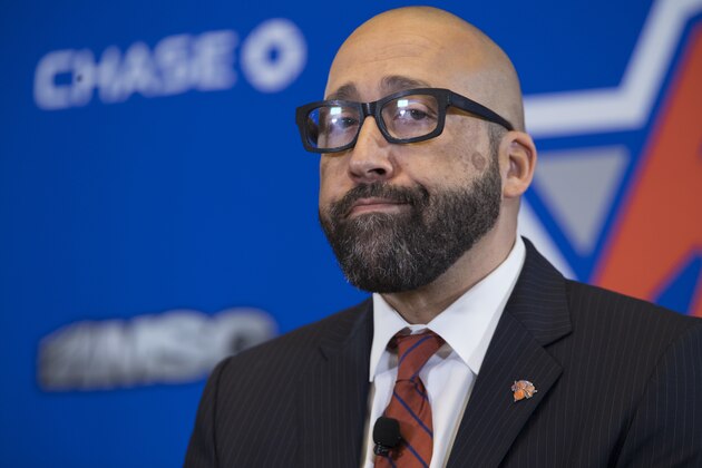 New York Knicks NBA basketball team new head coach David Fizdale speaks during an introductory news conference, Tuesday, May 8, 2018, in New York. The Knicks announced the hiring Monday after agreeing to terms with the former Memphis Grizzlies coach last week.  (AP Photo/Mary Altaffer)