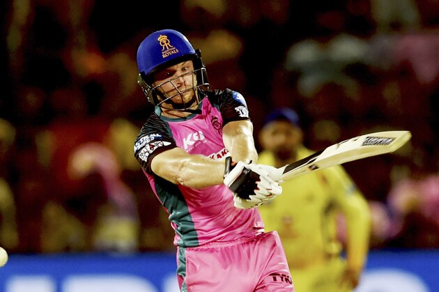 Rajasthan Royals cricketer Jos Buttler plays a shot during the 2018 Indian Premier League (IPL) Twenty20 cricket match between Rajasthan Royals and Chennai Super Kings at the Sawai Mansingh Stadium in Jaipur on May 11, 2018. (Photo by MONEY SHARMA / AFP)        (Photo credit should read MONEY SHARMA/AFP/Getty Images)