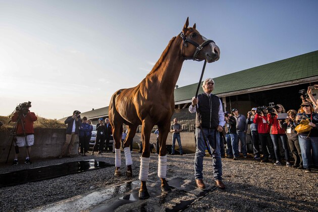 LOUISVILLE, KY - MAY 06: Trainer Bob Baffert brings out Kentucky derby winner Justify for the fans to see at Churchill Downs on May 6, 2018 in Louisville, Kentucky. (Photo by Alex Evers/Eclipse Sportswire/Getty Images)