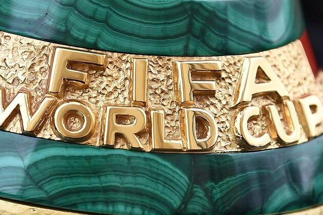 A picture taken on March 20, 2018 shows a detail of the 2018 FIFA World Cup trophy during the FIFA World Cup Trophy Tour on in Paris.
The 2018 FIFA World Cup will be held from June 14 and July 15, 2018, in 11 Russian cities.  / AFP PHOTO / FRANCK FIFE        (Photo credit should read FRANCK FIFE/AFP/Getty Images)