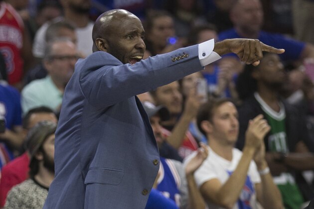 PHILADELPHIA, PA - MAY 5: Philadelphia 76ers assistant coach Lloyd Pierce yells out to his team against the Boston Celtics during Game Three of the Eastern Conference Second Round of the 2018 NBA Playoff at Wells Fargo Center on May 5, 2018 in Philadelphia, Pennsylvania. NOTE TO USER: User expressly acknowledges and agrees that, by downloading and or using this photograph, User is consenting to the terms and conditions of the Getty Images License Agreement. (Photo by Mitchell Leff/Getty Images) *** Local Caption *** Lloyd Pierce