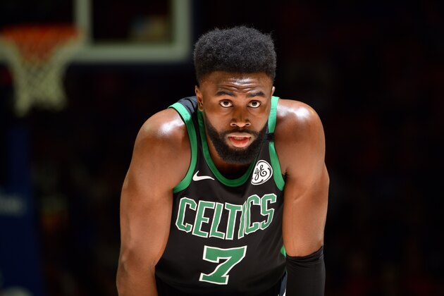 PHILADELPHIA, PA - MAY 7: Jaylen Brown #7 of the Boston Celtics looks on during the game against the Philadelphia 76ers during Game Four of the Eastern Conference Semifinals of the 2018 NBA Playoffs on May 5, 2018 at Wells Fargo Center in Philadelphia, Pennsylvania. NOTE TO USER: User expressly acknowledges and agrees that, by downloading and or using this photograph, User is consenting to the terms and conditions of the Getty Images License Agreement. Mandatory Copyright Notice: Copyright 2018 NBAE (Photo by Jesse D. Garrabrant/NBAE via Getty Images)