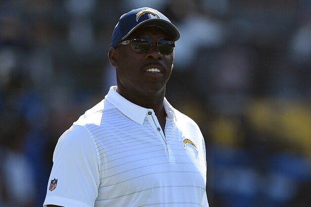 CARSON, CA - AUGUST 13: Coach Anthony Lynn of the  Los Angeles Chargers looks on as his team warms up before the start of their pre season football game against the Seattle Seahawks at StubHub Center August 13, 2017, in Carson, California. (Photo by Kevork Djansezian/Getty Images)