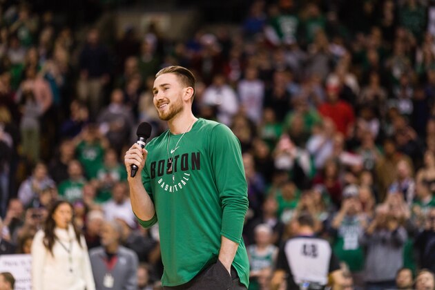 BOSTON, MA - DECEMBER 25: Gordon Hayward #20 of the Boston Celtics addresses the crowd before the game between Boston Celtics and the Washington Wizards at TD Garden on December 25, 2017 in Boston, Massachusetts. NOTE TO USER: User expressly acknowledges and agrees that, by downloading and or using this photograph, User is consenting to the terms and conditions of the Getty Images License Agreement.
 (Photo by Omar Rawlings/Getty Images)