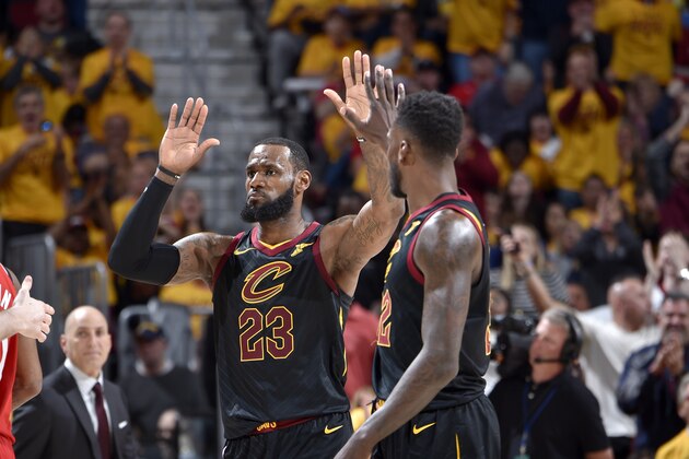 CLEVELAND, OH - MAY 7: LeBron James #23 and Jeff Green #32 of the Cleveland Cavaliers high five in Game Four of the Eastern Conference Semifinals against the Toronto Raptors during the 2018 NBA Playoffs on May 7, 2018 at Quicken Loans Arena in Cleveland, Ohio. NOTE TO USER: User expressly acknowledges and agrees that, by downloading and/or using this photograph, user is consenting to the terms and conditions of the Getty Images License Agreement. Mandatory Copyright Notice: Copyright 2018 NBAE (Photo by David Liam Kyle/NBAE via Getty Images)