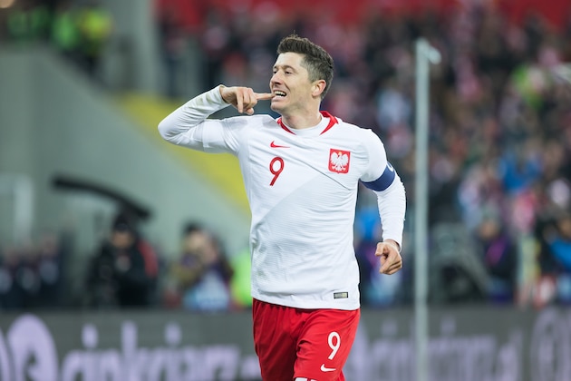 CHORZOW, POLAND - MARCH 27: Robert Lewandowski of Poland celebrates scoring a goal during international friendly match between Poland and Korea Republic at Slaski Stadium on March 27, 2018 in Chorzow, Poland. (Photo by Marcin Karczewski/PressFocus/MB Media/Getty Images)