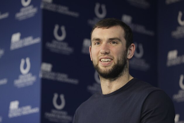 Indianapolis Colts quarterback Andrew Luck responds to a question during an NFL football news conference, Friday, Dec. 29, 2017, in Indianapolis. (AP Photo/Darron Cummings)