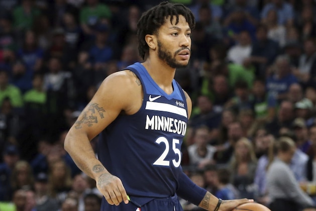 Minnesota Timberwolves' Derrick Rose plays against the Houston Rockets during the first half of Game 4 in an NBA basketball first-round playoff series Monday, April 23, 2018, in Minneapolis. (AP Photo/Jim Mone)