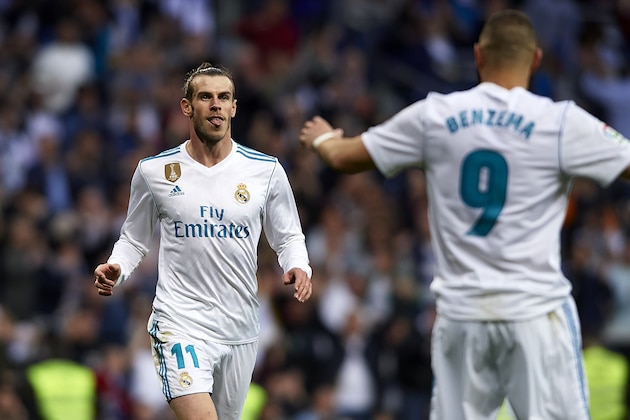 MADRID, SPAIN - MAY 12:  Gareth Bale of Real Madrid celebrates scoring his team's second goal with Karim Benzema during the La Liga match between Real Madrid and Celta de Vigo at Estadio Santiago Bernabeu on May 12, 2018 in Madrid, Spain.  (Photo by Quality Sport Images/Getty Images)