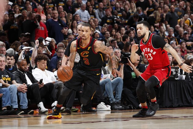 CLEVELAND, OH - MAY 5: George Hill #3 of the Cleveland Cavaliers handles the ball against the Toronto Raptors during Game Three of the Eastern Conference Semi Finals of the 2018 NBA Playoffs against the Toronto Raptors on May 5, 2018 at Quicken Loans Arena in Cleveland, Ohio. NOTE TO USER: User expressly acknowledges and agrees that, by downloading and/or using this Photograph, user is consenting to the terms and conditions of the Getty Images License Agreement. Mandatory Copyright Notice: Copyright 2018 NBAE (Photo by Jeff Haynes/NBAE via Getty Images)