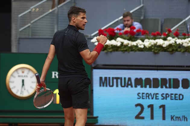 MADRID, SPAIN - MAY 12:  Dominic Thiem of Austria reacts during his match against Kevin Anderson of South Africa during day eight of the Mutua Madrid Open at La Caja Magica on May 12, 2018 in Madrid, Spain.  (Photo by Quality Sport Images/Getty Images)
