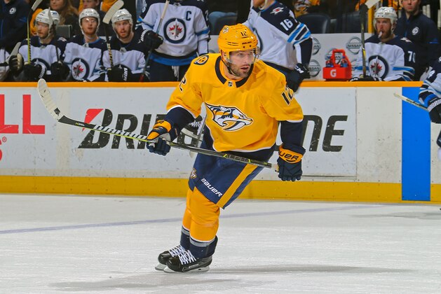 NASHVILLE, TN - MARCH 13:  Mike Fisher #12 of the Nashville Predators skates against the Winnipeg Jets during the second period at Bridgestone Arena on March 13, 2018 in Nashville, Tennessee.  (Photo by Frederick Breedon/Getty Images)