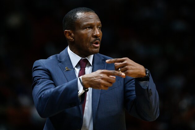 MIAMI, FL - APRIL 11:  Dwane Casey of the Toronto Raptors reacts against the Miami Heat during the first half at American Airlines Arena on April 11, 2018 in Miami, Florida. NOTE TO USER: User expressly acknowledges and agrees that, by downloading and or using this photograph, User is consenting to the terms and conditions of the Getty Images License Agreement.  (Photo by Michael Reaves/Getty Images)