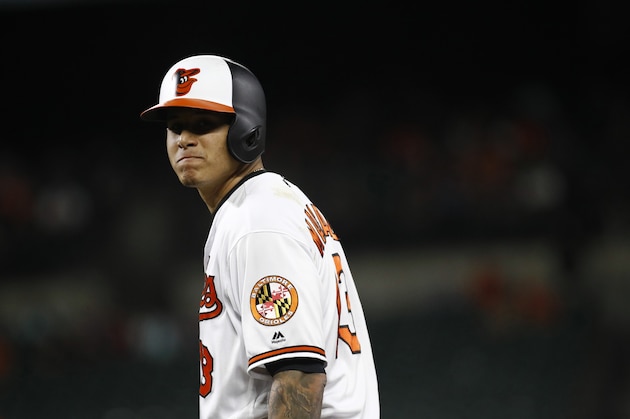 Baltimore Orioles' Manny Machado takes a lead from first base during a baseball game against the Tampa Bay Rays, Thursday, April 26, 2018, in Baltimore. (AP Photo/Patrick Semansky)