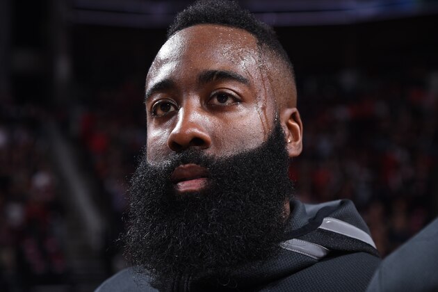 HOUSTON, TX - MAY 8: James Harden #13 of the Houston Rockets looks on during the national anthem before the game against the Utah Jazz in Game Five of the Western Conference Semifinals of the 2018 NBA Playoffs on May 8, 2018 at the Toyota Center in Houston, Texas. NOTE TO USER: User expressly acknowledges and agrees that, by downloading and or using this photograph, User is consenting to the terms and conditions of the Getty Images License Agreement. Mandatory Copyright Notice: Copyright 2018 NBAE (Photo by Bill Baptist/NBAE via Getty Images)