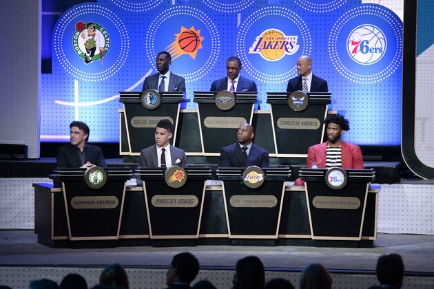 NEW YORK, NEW YORK - MAY 16:  A wide angle shot of the pannel during the 2017 NBA Draft Lottery at the New York Hilton in New York, New York. NOTE TO USER: User expressly acknowledges and agrees that, by downloading and or using this Photograph, user is consenting to the terms and conditions of the Getty Images License Agreement.  Mandatory Copyright Notice: Copyright 2017 NBAE (Photo by David Dow/NBAE via Getty Images)