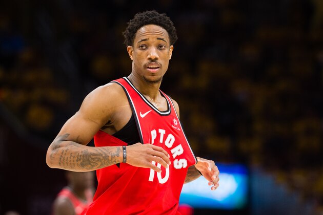 CLEVELAND, OH - MAY 7: DeMar DeRozan #10 of the Toronto Raptors reacts during the second half of Game 4 of the second round of the Eastern Conference playoffs against the Cleveland Cavaliers at Quicken Loans Arena on May 7, 2018 in Cleveland, Ohio. The Cavaliers defeated the Raptors 128-93. NOTE TO USER: User expressly acknowledges and agrees that, by downloading and or using this photograph, User is consenting to the terms and conditions of the Getty Images License Agreement. (Photo by Jason Miller/Getty Images)