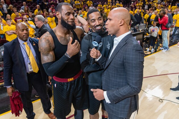 CLEVELAND, OH - MAY 7: LeBron James #23 and JR Smith #5 of the Cleveland Cavaliers talk with former teammate Richard Jefferson after the Cavaliers defeated the Toronto Raptors in Game 4 of the second round of the Eastern Conference playoffs at Quicken Loans Arena on May 7, 2018 in Cleveland, Ohio. The Cavaliers defeated the Raptors 128-93. NOTE TO USER: User expressly acknowledges and agrees that, by downloading and or using this photograph, User is consenting to the terms and conditions of the Getty Images License Agreement. (Photo by Jason Miller/Getty Images)