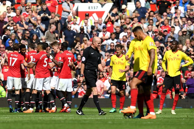 MANCHESTER, ENGLAND - MAY 13:  Players of Manchester United celebrates their first goal scoared by Marcus Rashford during the Premier League match between Manchester United and Watford at Old Trafford on May 13, 2018 in Manchester, England.  (Photo by Ross Kinnaird/Getty Images)