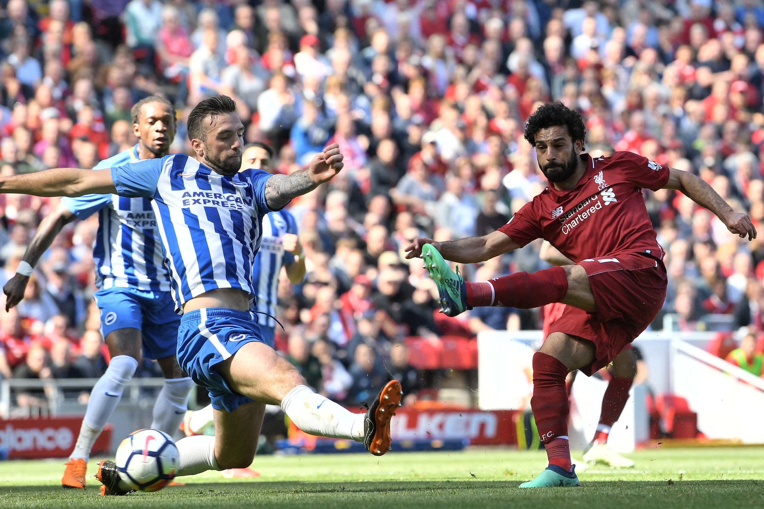 LIVERPOOL, ENGLAND - MAY 13: Mohamed Salah of Liverpool scores his sides first goal during the Premier League match between Liverpool and Brighton and Hove Albion at Anfield on May 13, 2018 in Liverpool, England. (Photo by Michael Regan/Getty Images) LIVERPOOL, ENGLAND - MAY 13: Mohamed Salah of Liverpool scores his sides first goal during the Premier League match between Liverpool and Brighton and Hove Albion at Anfield on May 13, 2018 in Liverpool, England. (Photo by Michael Regan/Getty Images)
