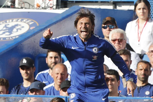 Chelsea coach Antonio Conte reacts during the English Premier League soccer match between Chelsea and Liverpool at Stamford Bridge stadium in London, Sunday, May 6, 2018. (AP Photo/Frank Augstein)