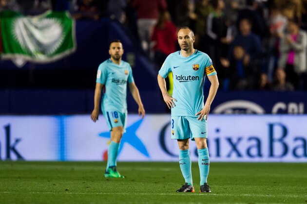 VALENCIA, SPAIN - MAY 13:  Andres Iniesta of FC Barcelona reacts during the La Liga match between Levante UD and FC Barcelona at Estadi Ciutat de Valencia on May 13, 2018 in Valencia, Spain.  (Photo by Alex Caparros/Getty Images)