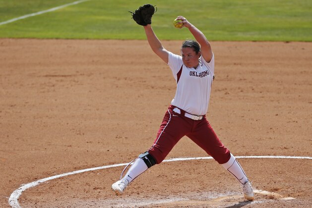 Oklahoma starting pitcher Paige Parker pitches in the third inning of a Division I NCAA college softball game against Central Arkansas in Norman, Okla., Friday, May 15, 2015. Oklahoma won 8-0 in five innings and advances to play Texas A&M. (AP Photo/Sue Ogrocki)