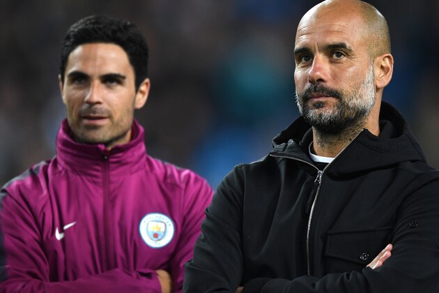 MANCHESTER, ENGLAND - MAY 09:  Mikel Arteta and Josep Guardiola, Manager of Manchester City  looks on during the Premier League match between Manchester City and Brighton and Hove Albion at Etihad Stadium on May 9, 2018 in Manchester, England.  (Photo by Gareth Copley/Getty Images)