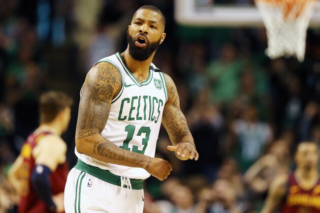 BOSTON, MA - MAY 13:  Marcus Morris #13 of the Boston Celtics celebrates the play against the Cleveland Cavaliers during the first quarter in Game One of the Eastern Conference Finals of the 2018 NBA Playoffs at TD Garden on May 13, 2018 in Boston, Massachusetts.  (Photo by Maddie Meyer/Getty Images)