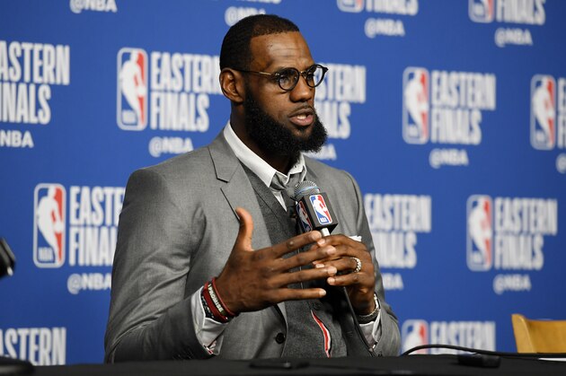 BOSTON, MA - MAY 13:  LeBron James #23 of the Cleveland Cavaliers speaks with the media following Game One of the Eastern Conference Finals of the 2018 NBA Playoffs against the Boston Celtics on May 13, 2018 at the TD Garden in Boston, Massachusetts.  NOTE TO USER: User expressly acknowledges and agrees that, by downloading and or using this photograph, User is consenting to the terms and conditions of the Getty Images License Agreement. Mandatory Copyright Notice: Copyright 2018 NBAE  (Photo by Brian Babineau/NBAE via Getty Images)