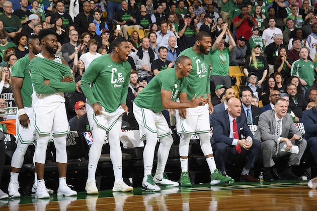 BOSTON, MA - MAY 13:  the Boston Celtics react against the Cleveland Cavaliers during Game One of the Eastern Conference Finals of the 2018 NBA Playoffs on May 13, 2018 at the TD Garden in Boston, Massachusetts.  NOTE TO USER: User expressly acknowledges and agrees that, by downloading and or using this photograph, User is consenting to the terms and conditions of the Getty Images License Agreement. Mandatory Copyright Notice: Copyright 2018 NBAE  (Photo by Brian Babineau/NBAE via Getty Images)