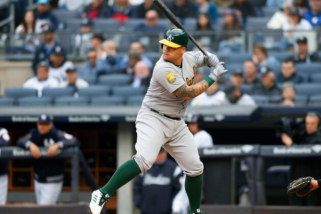 NEW YORK, NY - MAY 12:  Bruce Maxwell #13 of the Oakland Athletics in action against the New York Yankees at Yankee Stadium on May 12, 2018 in the Bronx borough of New York City. The Yankees defeated the Athletics 7-6 in 11 innings.  (Photo by Jim McIsaac/Getty Images)