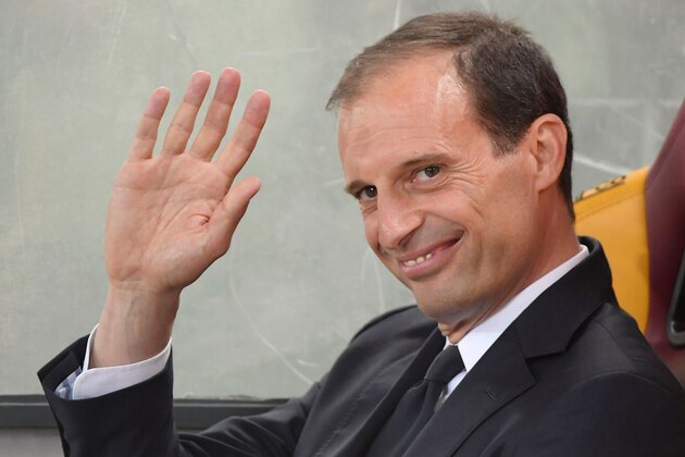 Juventus' coach from Italy Massimiliano Allegri waves before the Italian Serie A football match AS Roma vs Juventus at the Olympic stadium on May 13, 2018 in Rome. (Photo by Tiziana FABI / AFP)        (Photo credit should read TIZIANA FABI/AFP/Getty Images)