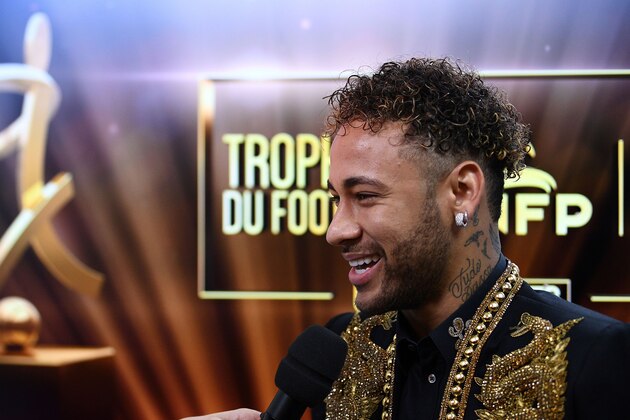 Paris Saint-Germain's Brazilian forward Neymar answers journalists questions before a TV show on May 13, 2018 in Paris, as part of the 27th edition of the UNFP (French National Professional Football players Union) trophy ceremony. (Photo by FRANCK FIFE / AFP)        (Photo credit should read FRANCK FIFE/AFP/Getty Images)