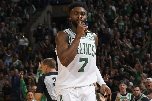 BOSTON, MA - MAY 13:  Jaylen Brown #7 of the Boston Celtics reacts against the Cleveland Cavaliers during Game One of the Eastern Conference Finals of the 2018 NBA Playoffs on May 13, 2018 at the TD Garden in Boston, Massachusetts.  NOTE TO USER: User expressly acknowledges and agrees that, by downloading and or using this photograph, User is consenting to the terms and conditions of the Getty Images License Agreement. Mandatory Copyright Notice: Copyright 2018 NBAE  (Photo by Brian Babineau/NBAE via Getty Images)