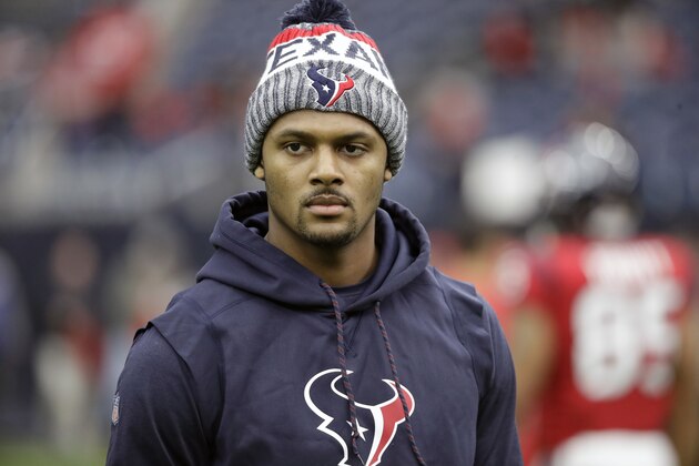 Houston Texans quarterback Deshaun Watson watches warm ups before an NFL football game against the San Francisco 49ers, Sunday, Dec. 10, 2017, in Houston. (AP Photo/David J. Phillip)