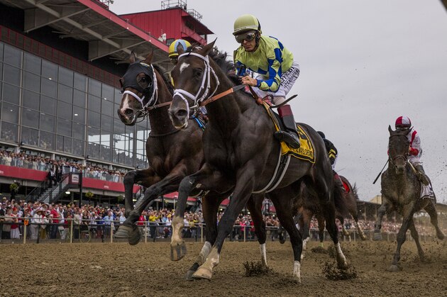 BALTIMORE, MD - MAY 20:  Always Dreaming #4 with John Velazquez up battles with Classic Empire #5 and Julien Leparoux for early position in the Preakness Stakes at Pimlico Race Course on May 20, 2017 in Baltimore, Maryland. (Photo by Alex Evers/Eclipse Sportswire/Getty Images)