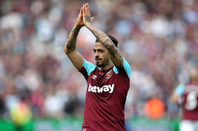 LONDON, ENGLAND - MAY 13:  Manuel Lanzini of West Ham United celebrates after scoring his sides first goal during the Premier League match between West Ham United and Everton at London Stadium on May 13, 2018 in London, England.  (Photo by Steve Bardens/Getty Images)