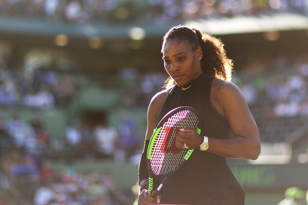 KEY BISCAYNE, FL - MARCH 21:  Serena Williams looks on between games against Naomi Osaka of Japan during Day 3 of the Miami Open at the Crandon Park Tennis Center on March 19, 2018 in Key Biscayne, Florida.  (Photo by Al Bello/Getty Images)
