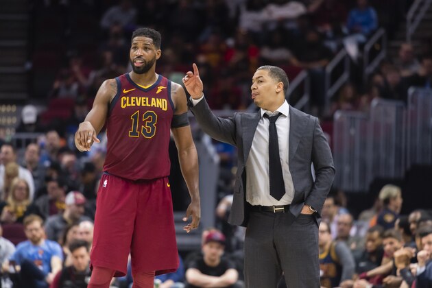 CLEVELAND, OH - APRIL 11: Tristan Thompson #13 talks with Tyronn Lue of the Cleveland Cavaliers during the second half against the New York Knicks at Quicken Loans Arena on April 11, 2018 in Cleveland, Ohio. The Knicks defeated the Cavaliers 110-98. NOTE TO USER: User expressly acknowledges and agrees that, by downloading and or using this photograph, User is consenting to the terms and conditions of the Getty Images License Agreement. (Photo by Jason Miller/Getty Images) *** Local Caption *** Tristan Thompson