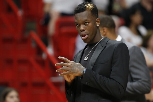 Atlanta Hawks guard Dennis Schroder looks on during the first half of an NBA basketball game between the Miami Heat and the Hawks, Tuesday, April 3, 2018, in Miami. (AP Photo/Wilfredo Lee)