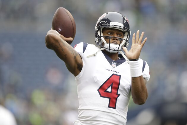 Houston Texans quarterback Deshaun Watson on the field during warmups before an NFL football game against the Seattle Seahawks, Sunday, Oct. 29, 2017, in Seattle. (AP Photo/Stephen Brashear)