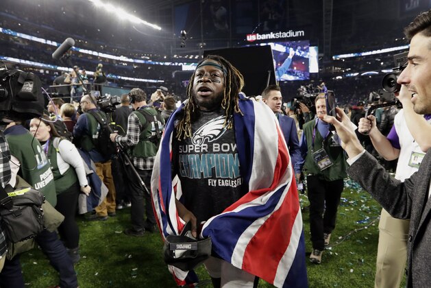Philadelphia Eagles running back Jay Ajayi celebrates after winning the NFL Super Bowl 52 football game against the New England Patriots, Sunday, Feb. 4, 2018, in Minneapolis. The Eagles won 41-33. (AP Photo/Frank Franklin II)