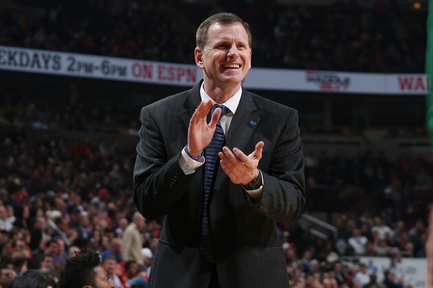 CHICAGO, IL - January 7:  Acting Boston Celtics head coach Jay Larranaga is seen against the Chicago Bulls on January 7, 2016 at the United Center in Chicago, Illinois. NOTE TO USER: User expressly acknowledges and agrees that, by downloading and or using this Photograph, user is consenting to the terms and conditions of the Getty Images License Agreement. Mandatory Copyright Notice: Copyright 2016 NBAE (Photo by Gary Dineen/NBAE via Getty Images)
